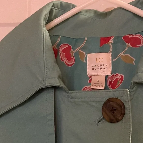 LC Lauren Conrad Teal Trench Coat with Floral Lining, Size 4 - Picture 9 of 9
